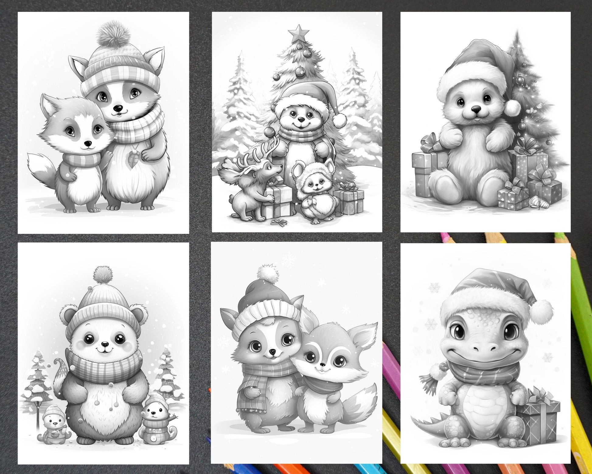 70 Christmas Critters Grayscale Coloring Pages Printable for Adults and Kids, PDF File Instant Download