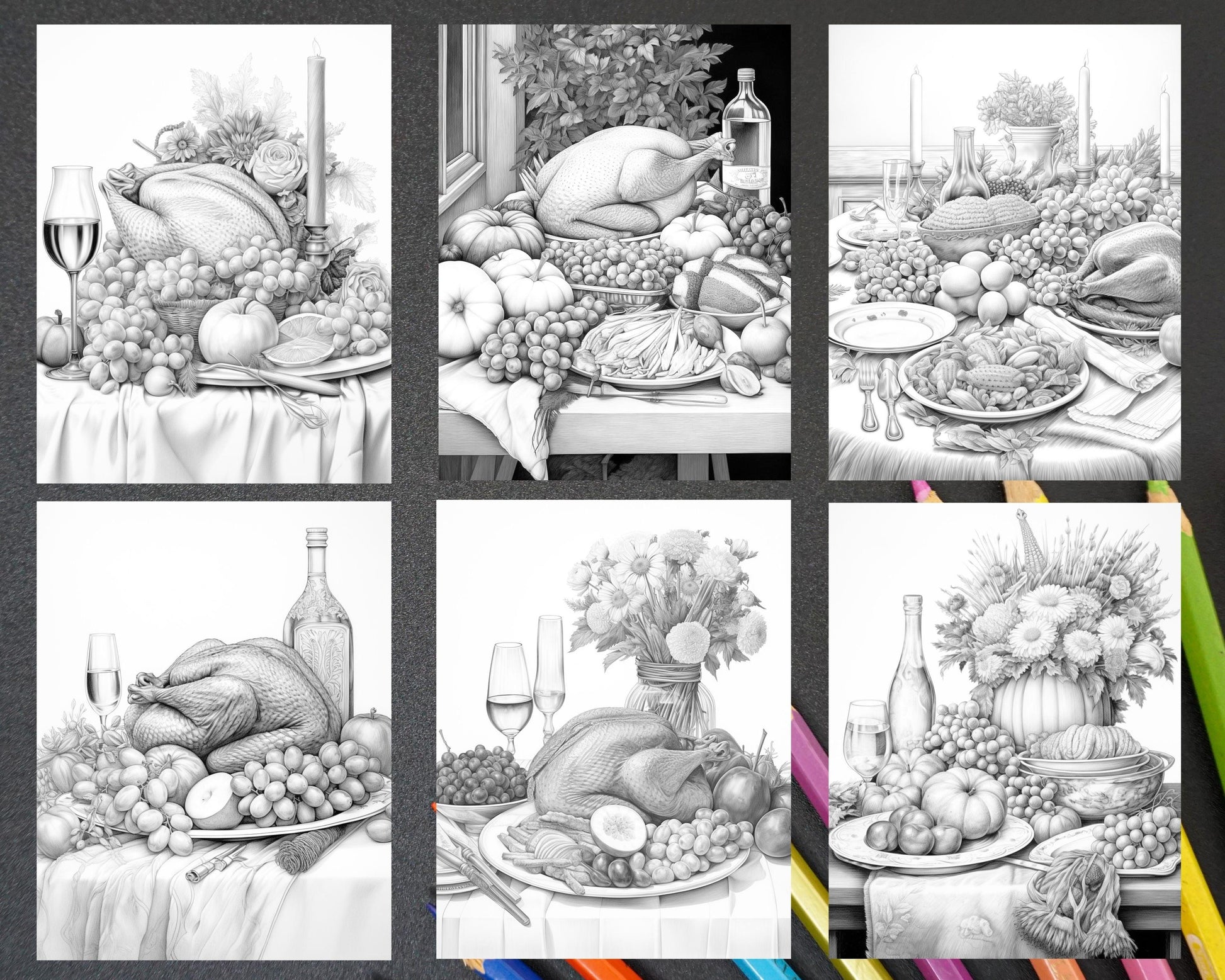 Thanksgiving Dinner Grayscale Coloring Pages for Adults, Relaxing Fall Coloring Sheets, Printable PDF File Instant Download