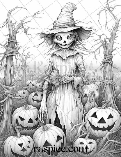 50 Halloween Scarecrows Grayscale Coloring Pages Printable for Adults, PDF File Instant Download