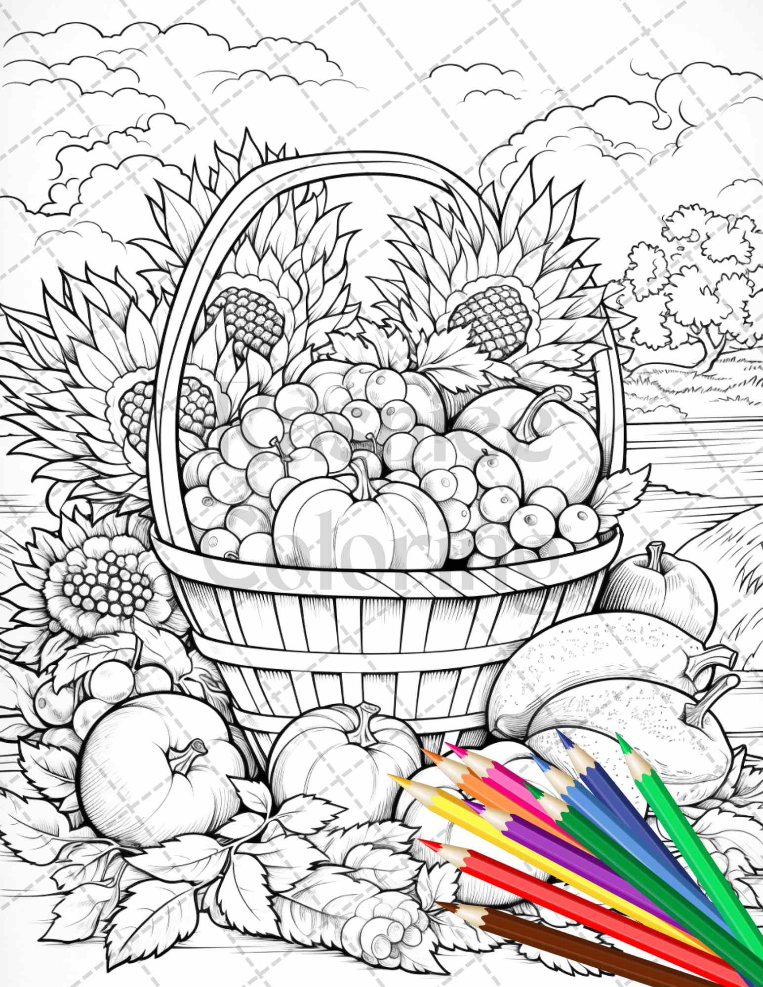 Autumn Harvest Grayscale Coloring Pages Printable for Adults, Relaxing Fall Themed Art, PDF File Instant Download