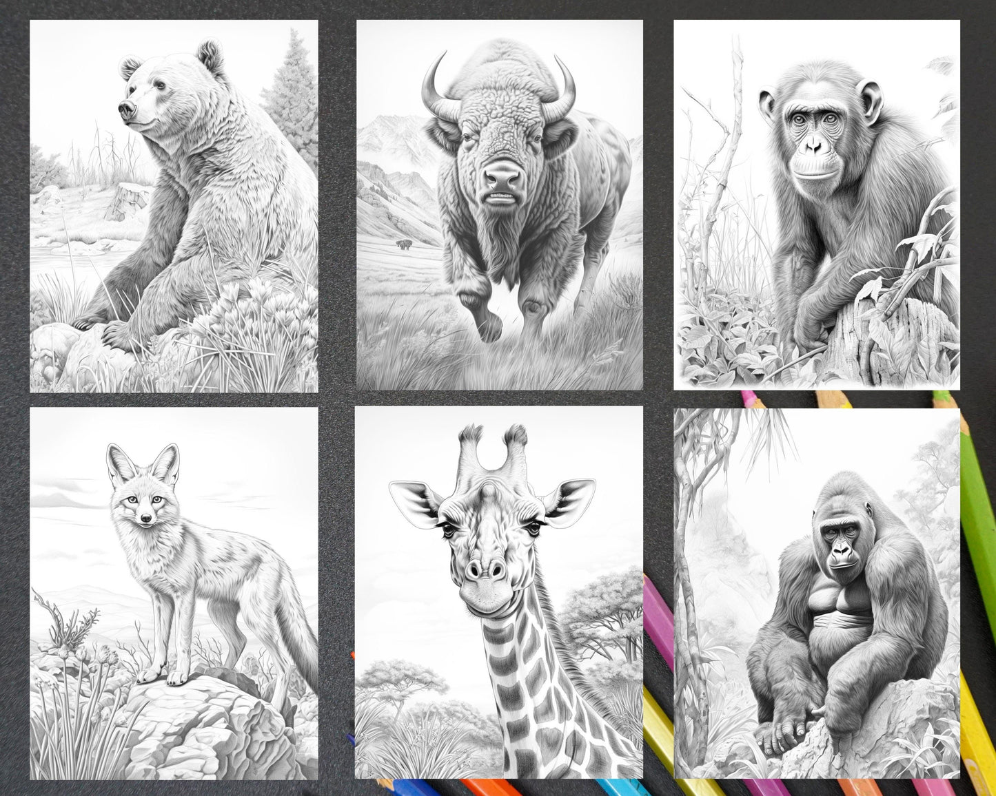 55 Wild Animals Grayscale Coloring Pages for Adults, Printable PDF Instant Download