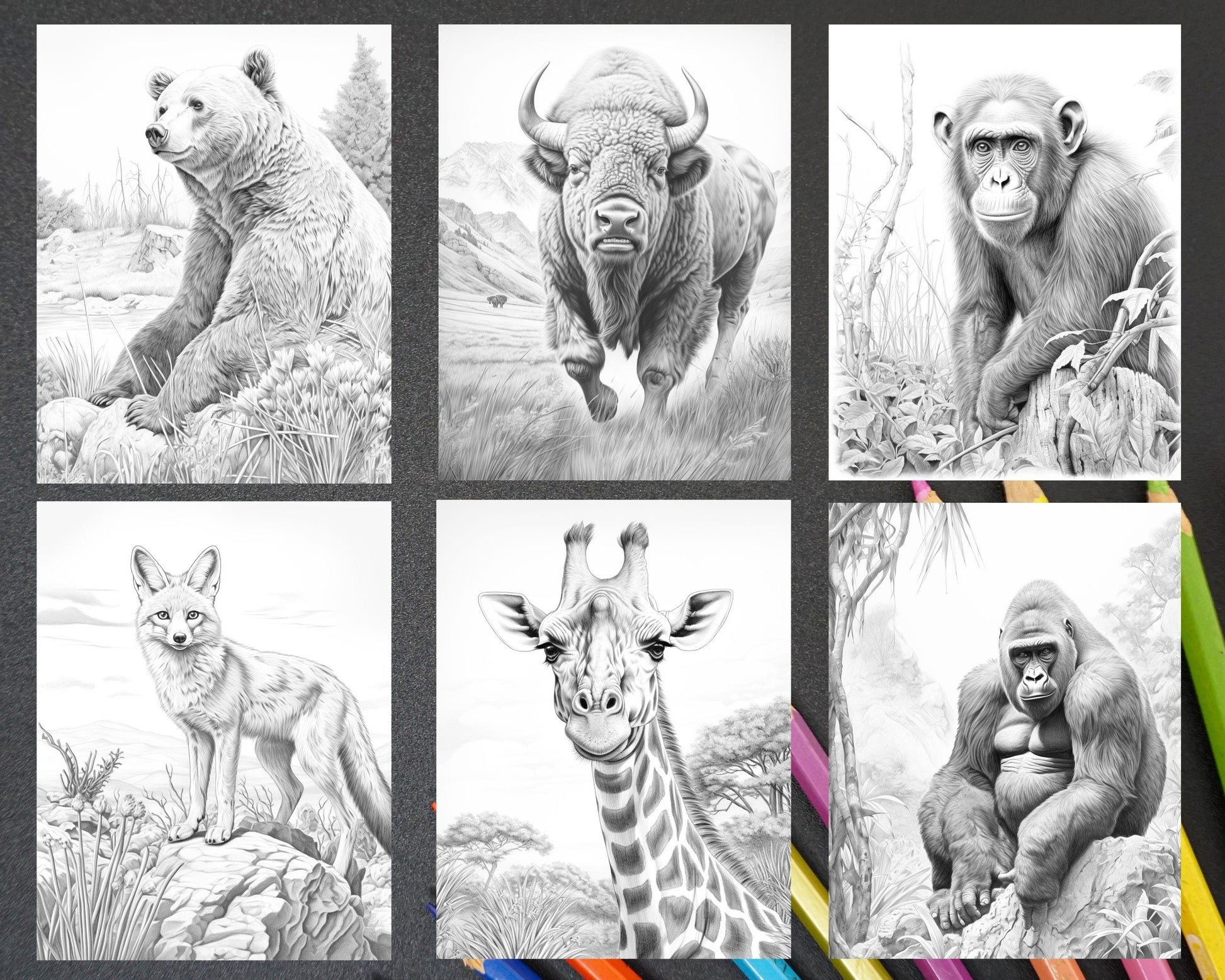 55 Wild Animals Grayscale Coloring Pages for Adults, Printable PDF Instant Download