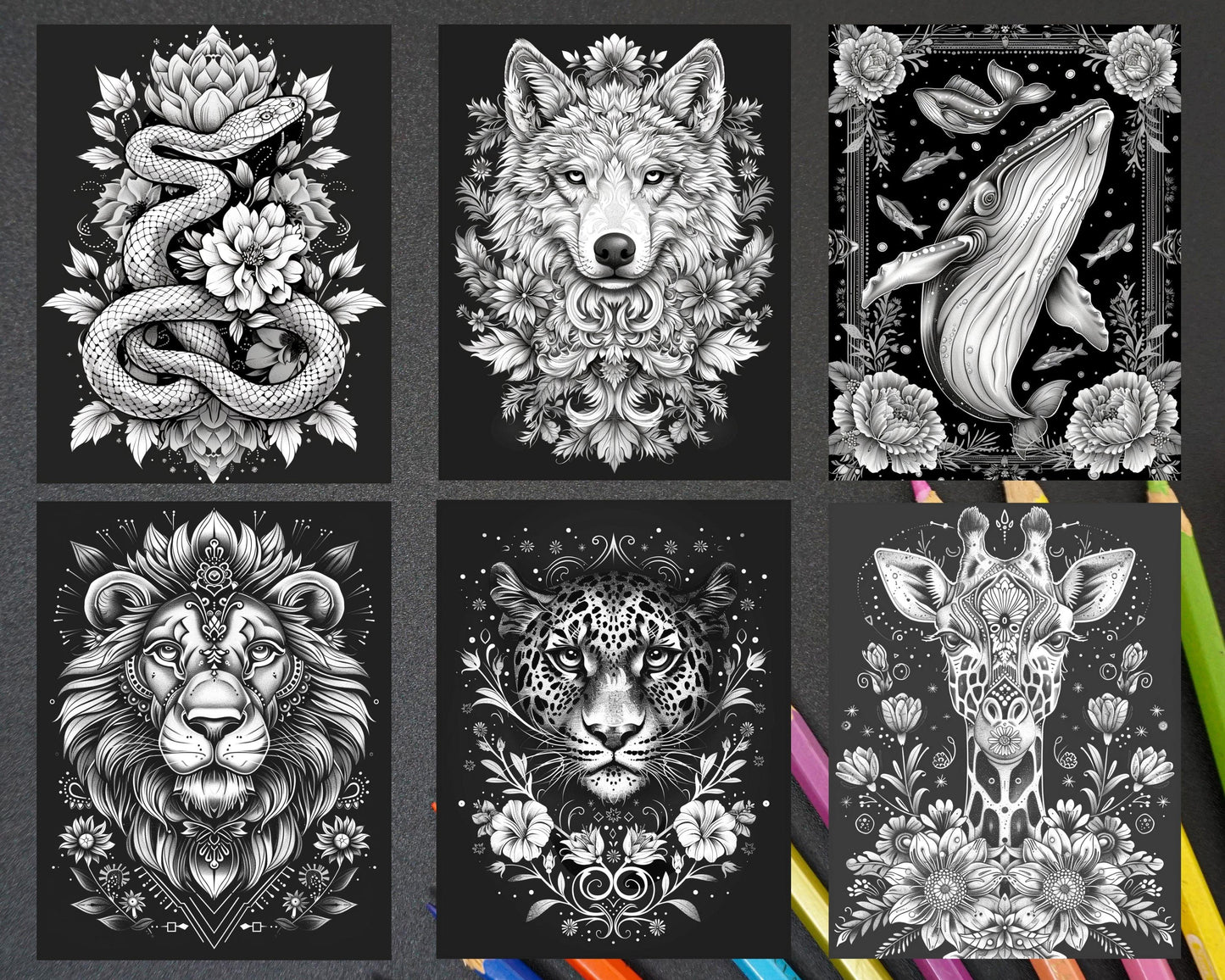 87 Spirit Animals Grayscale Adult Coloring Pages Printable PDF Instant Download