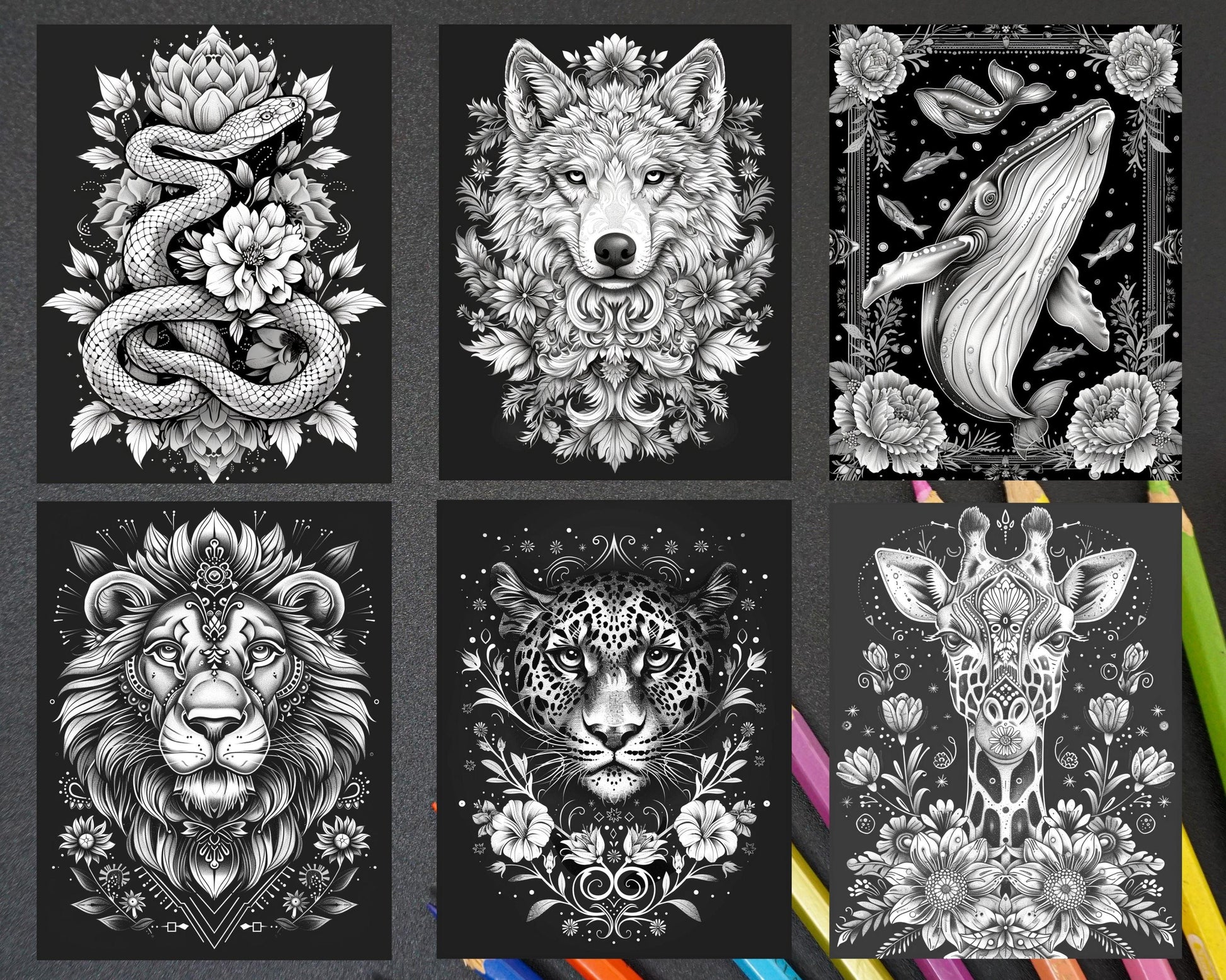 87 Spirit Animals Grayscale Adult Coloring Pages Printable PDF Instant Download