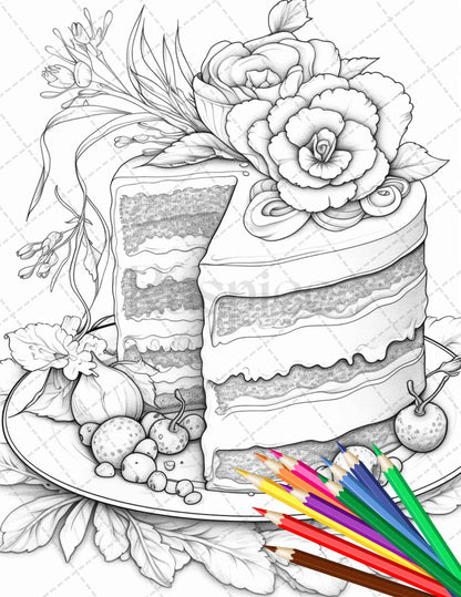 36 Sweet Desserts Coloring Pages Printable for Adults, Grayscale Coloring Page, PDF File Instant Download