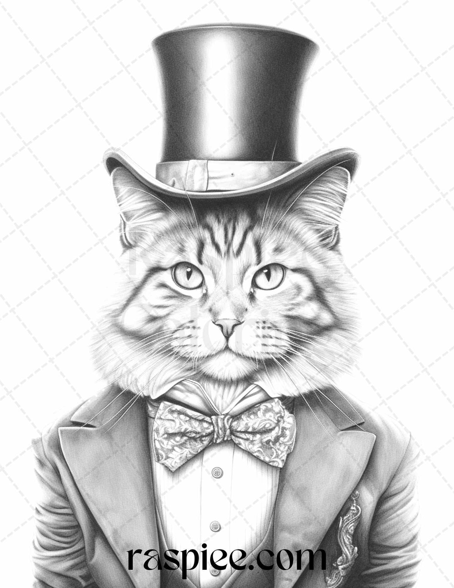 Gentleman Cat Grayscale Coloring Pages Printable for Adults Kids, PDF File Instant Download