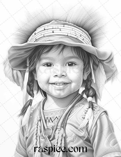 50 Native American Little Girls Boys Grayscale Coloring Pages Printable for Adults Kids, PDF File Instant Download