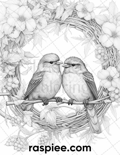 50 Lovebird Couple with Flowers Grayscale Coloring Pages for Adults, Printable PDF Instant Download