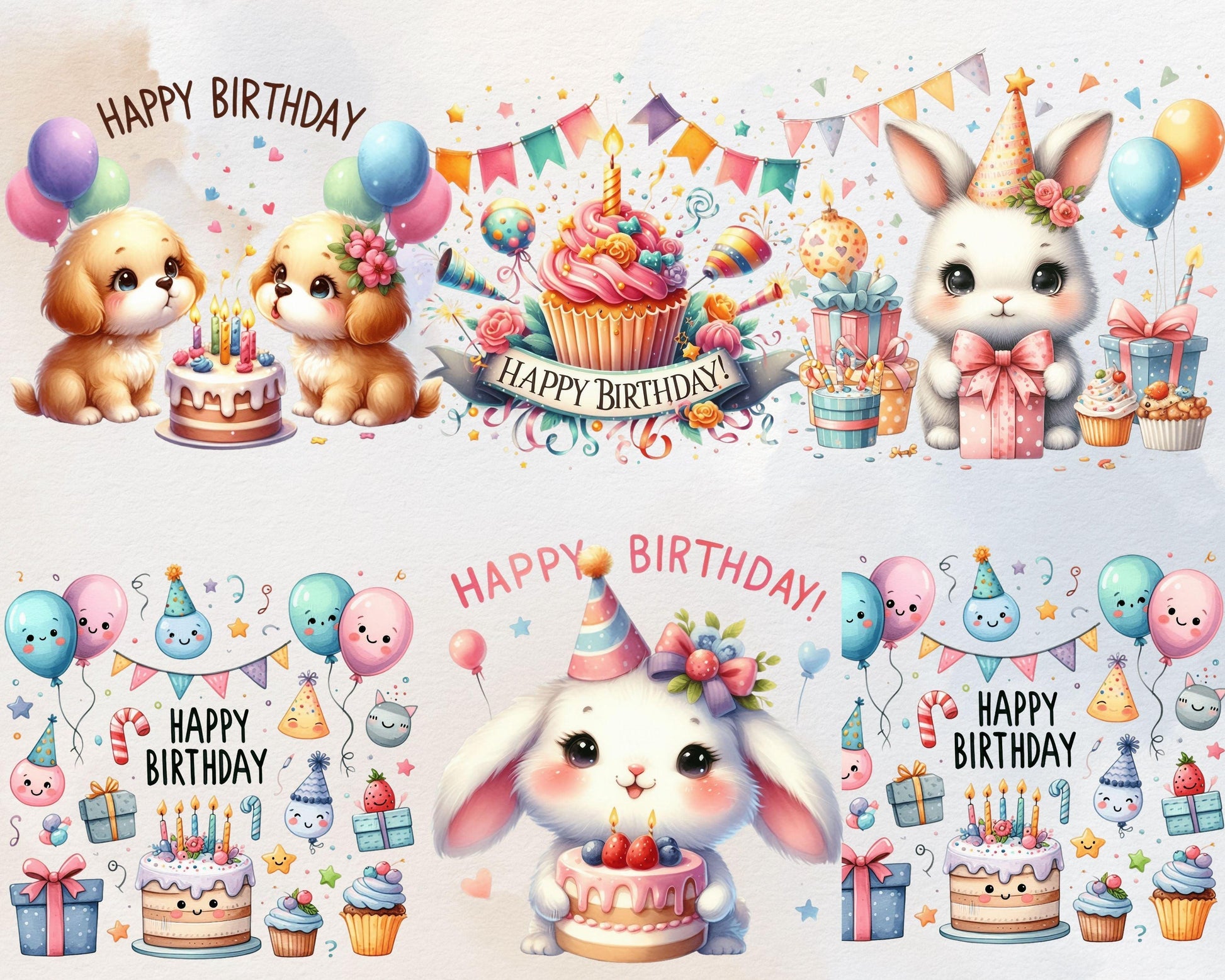 Watercolor Happy Birthday Clipart Bundle, 70 PNG High-Res Files for DIY Projects and Commercial Use