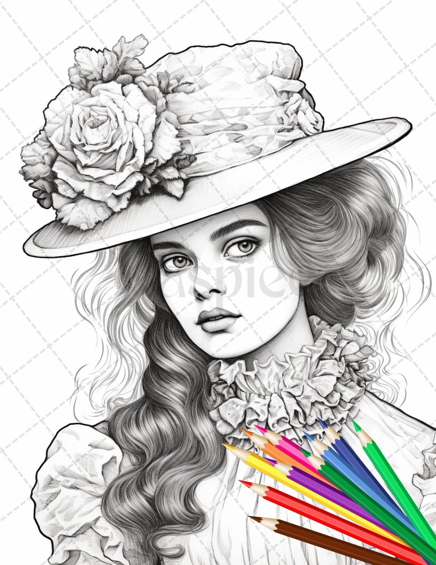 36 Beautiful Victorian Girls Coloring Pages Printable for Adults, Grayscale Coloring Page, PDF File Instant Download