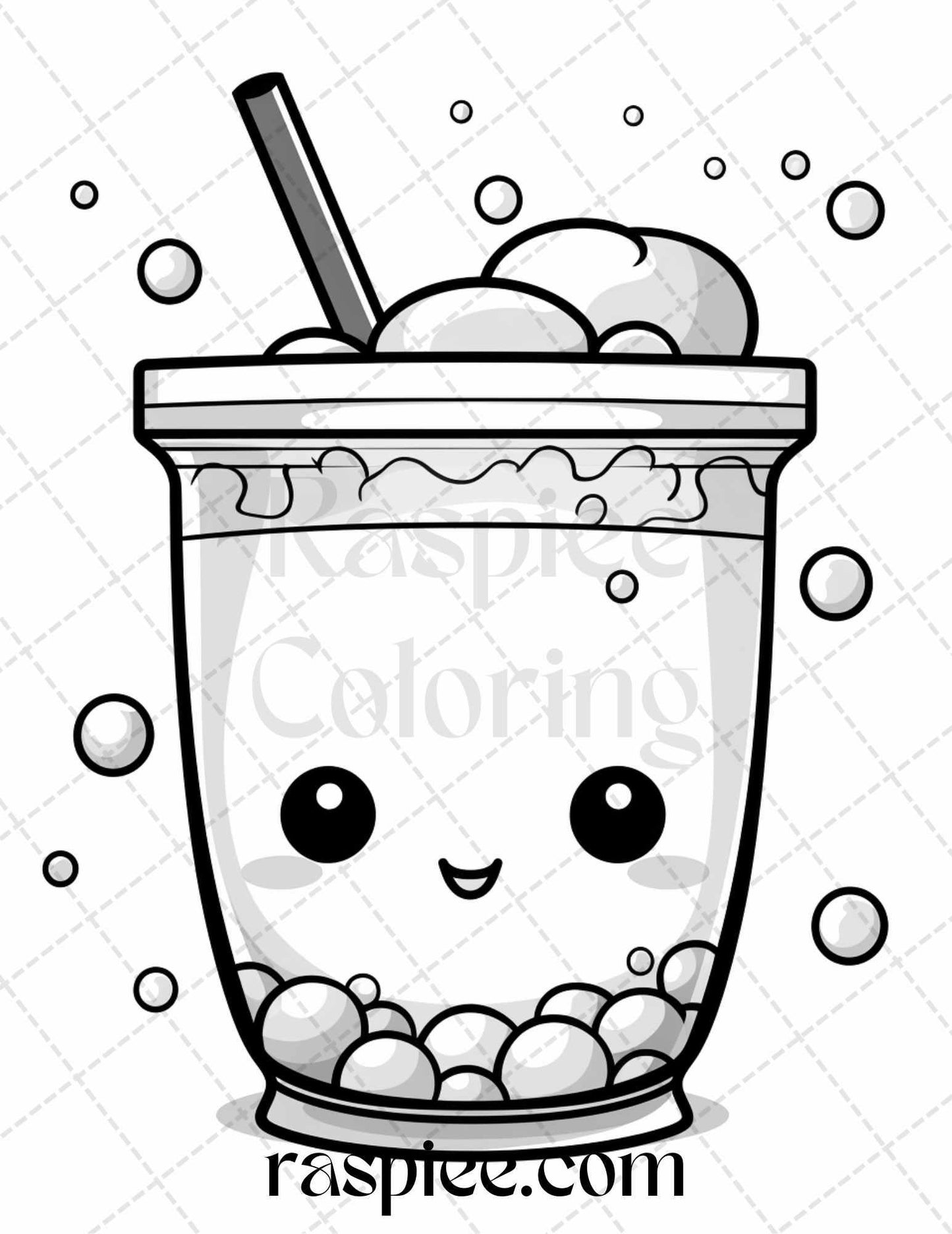 50 Cute Kawaii Boba Tea Grayscale Coloring Pages for Adults and Kids, Printable PDF File Instant Download