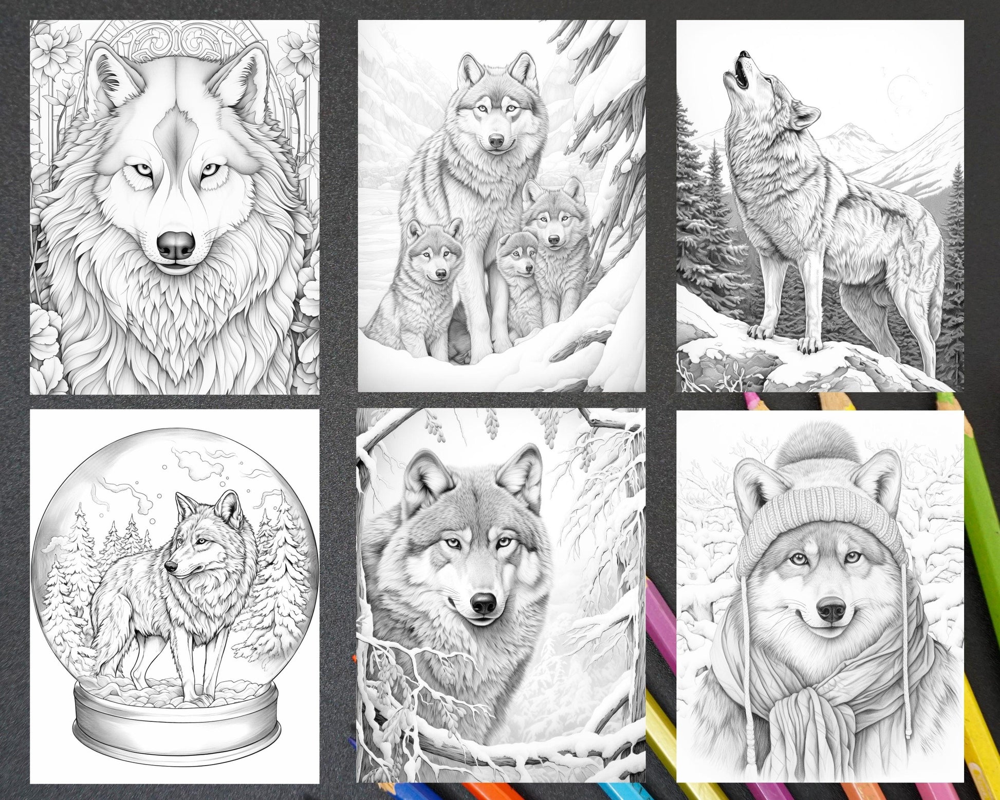 50 Winter Wolf Grayscale Coloring Pages for Adults, Printable PDF Instant Download