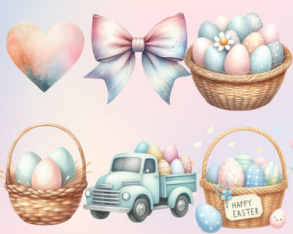 Charming Pastel Easter Clipart Bundle, 34 PNG High-Res Files for Commercial Use
