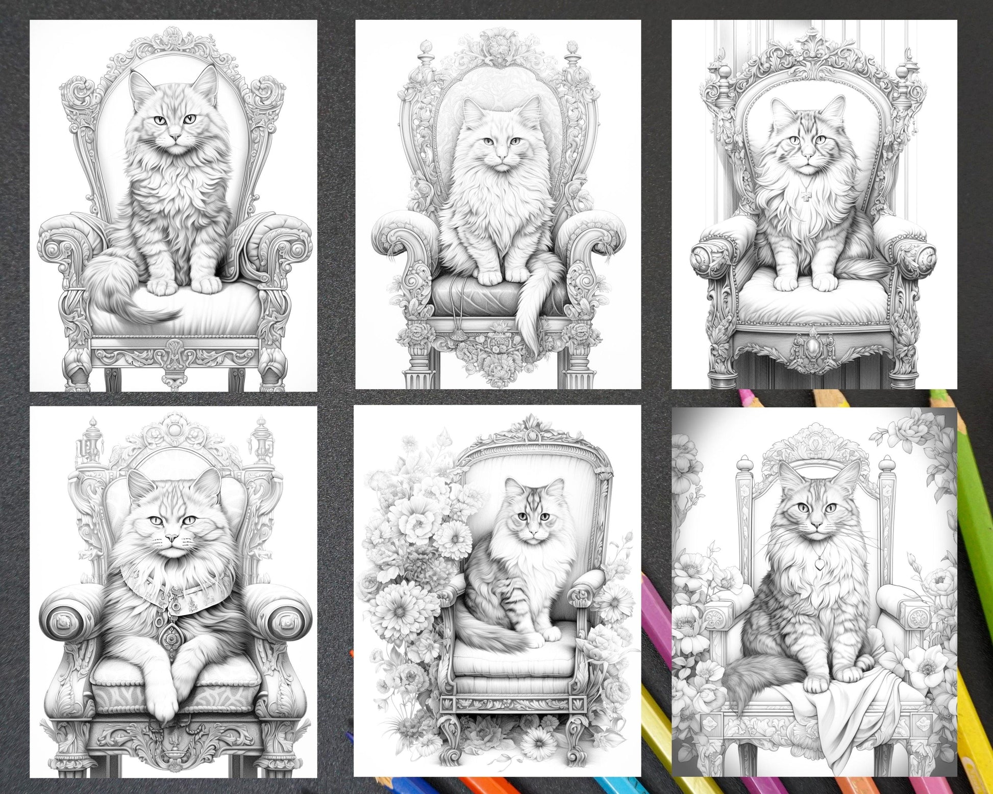 50 Royal King Cat Grayscale Coloring Pages for Adults, Printable PDF Instant Download