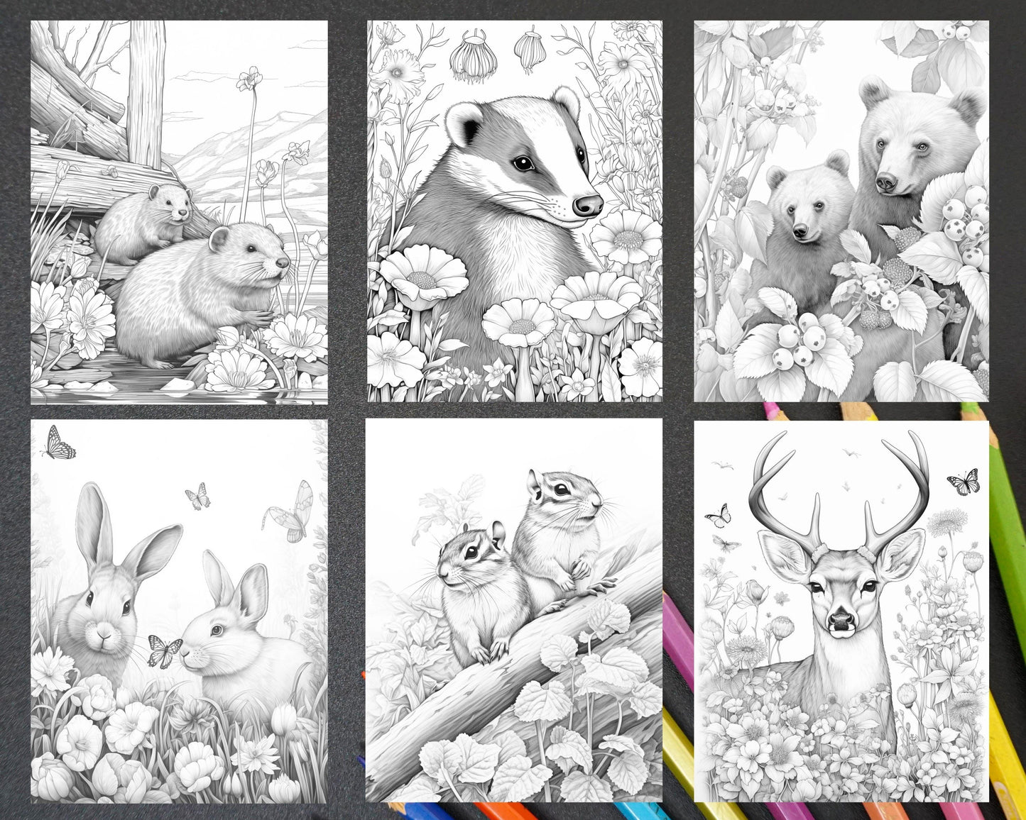 55 Enchanting Spring Animals Grayscale Adult Coloring Pages, Printable PDF Instant Download