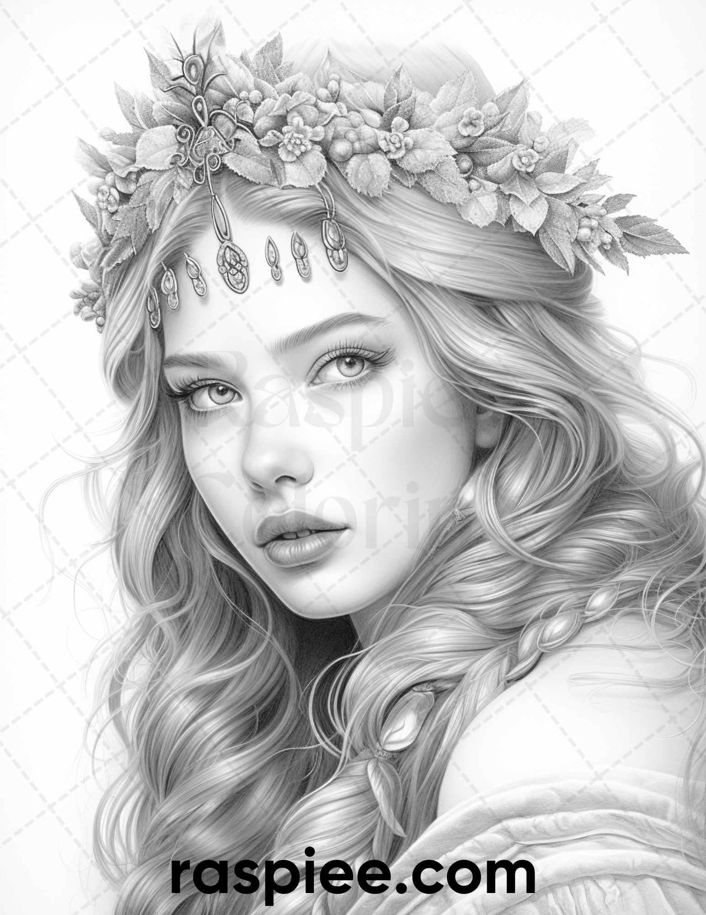 50 Winter Queens Portrait Grayscale Coloring Pages Printable for Adults, PDF File Instant Download