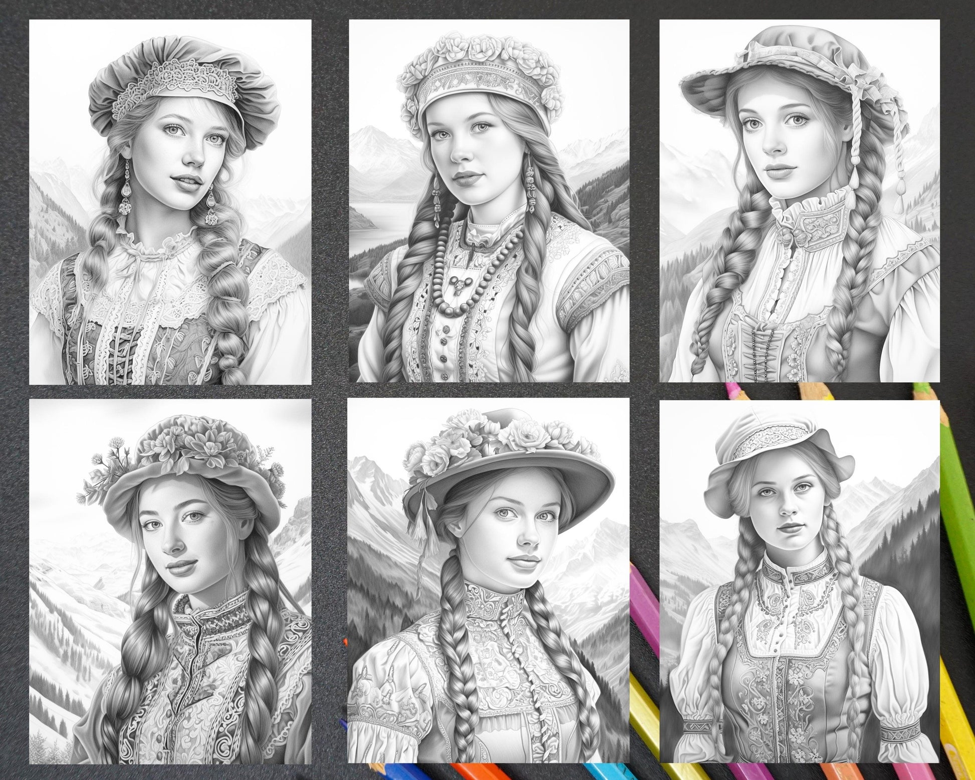 55 Traditional Swiss Girls Grayscale Adult Coloring Pages, Printable PDF Instant Download