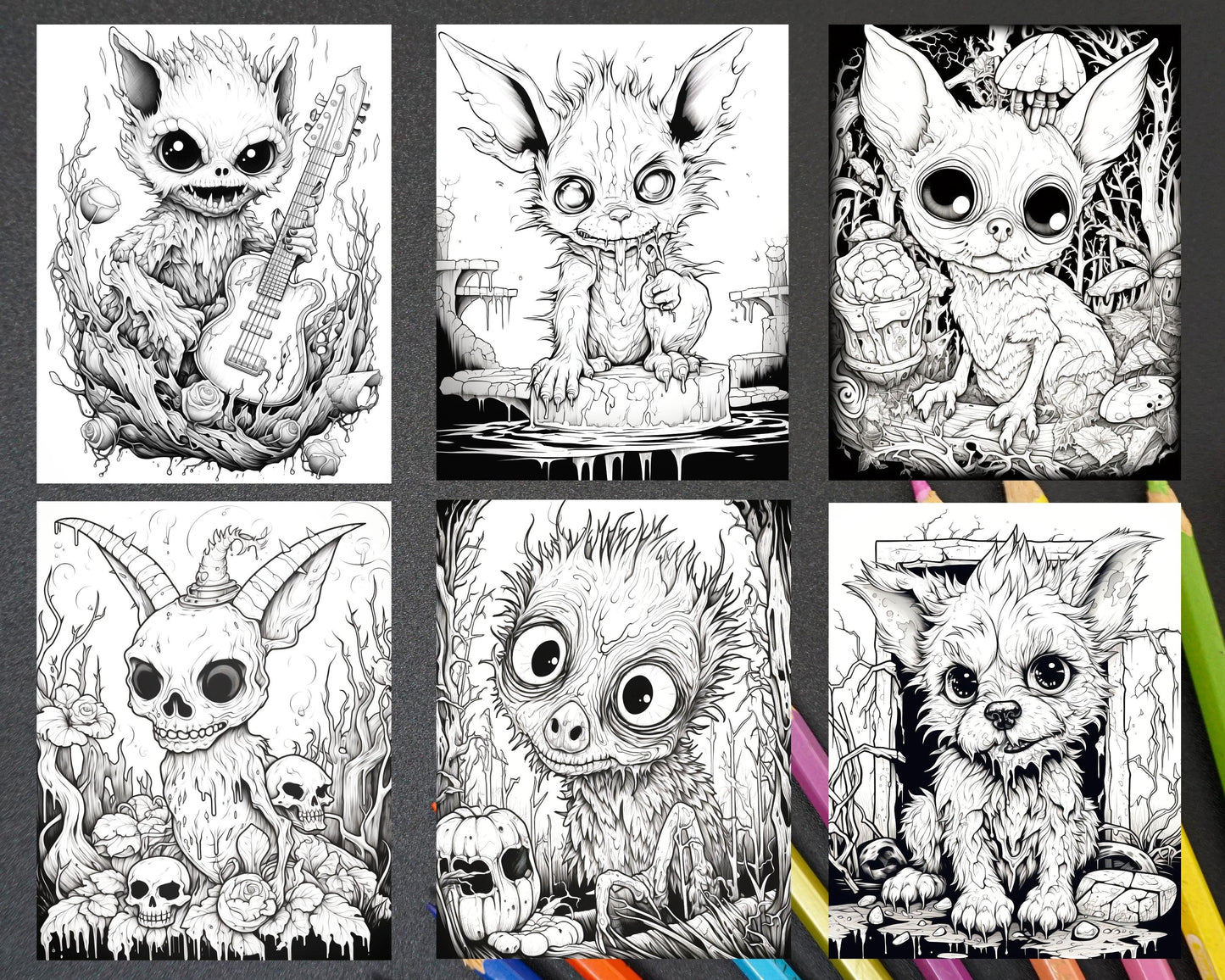 50 Halloween Scary Animals Grayscale Coloring Pages Printable for Adults, PDF File Instant Download