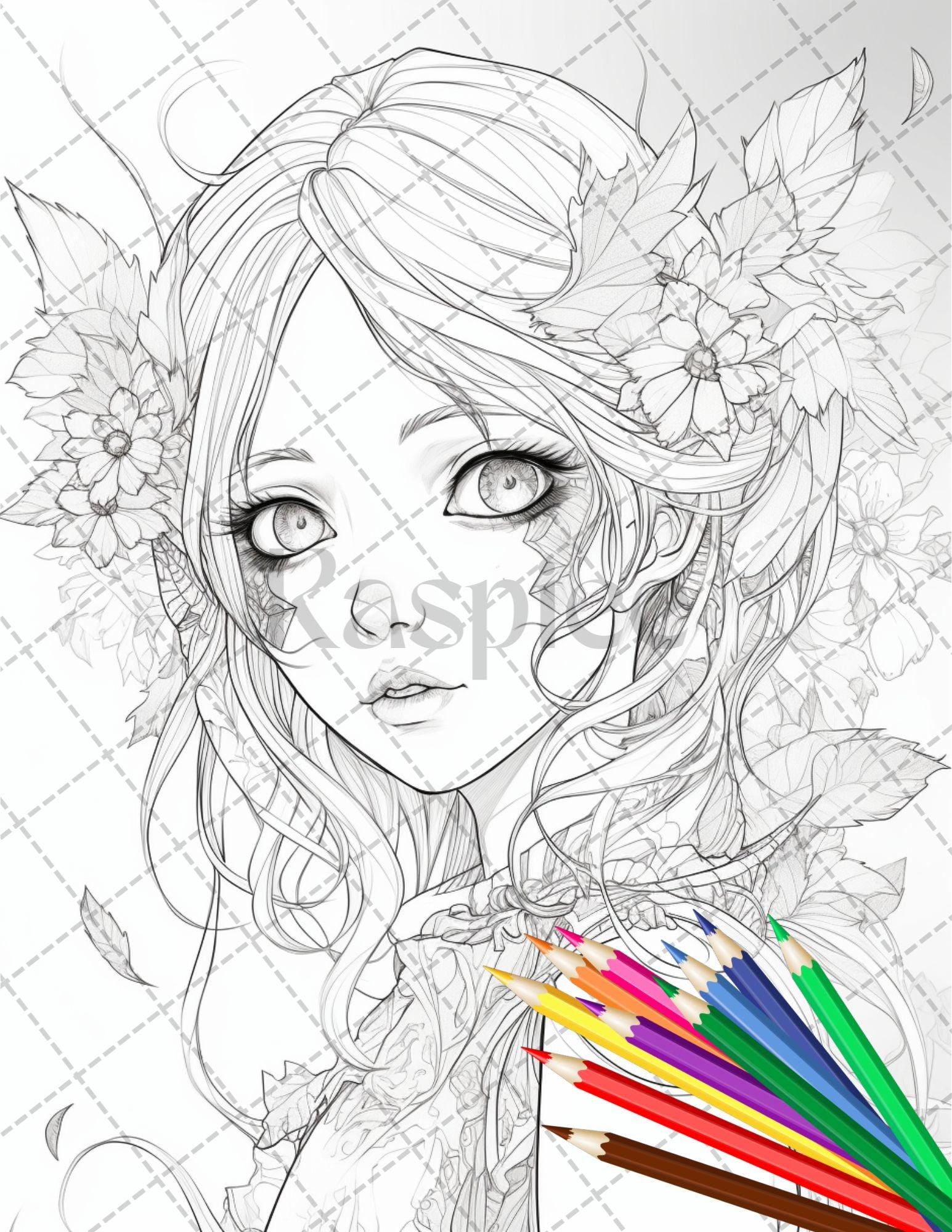 32 Anime Fairy Girl Printable Coloring Pages for Adults, Cute Fairy Grayscale Coloring Book, Printable PDF File Download