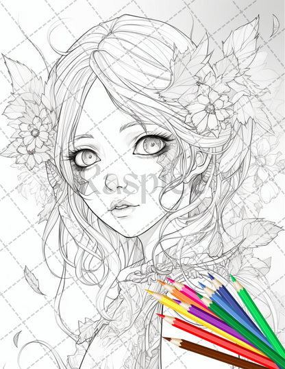 32 Anime Fairy Girl Printable Coloring Pages for Adults, Cute Fairy Grayscale Coloring Book, Printable PDF File Download