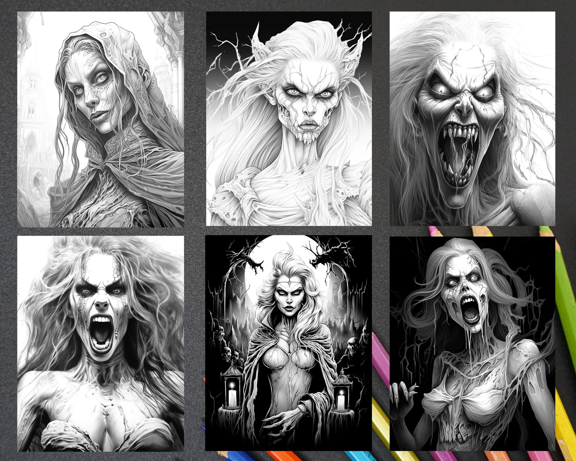 60 Halloween Vampire Grayscale Coloring Pages Printable for Adults, PDF File Instant Download