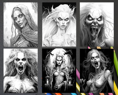 60 Halloween Vampire Grayscale Coloring Pages Printable for Adults, PDF File Instant Download