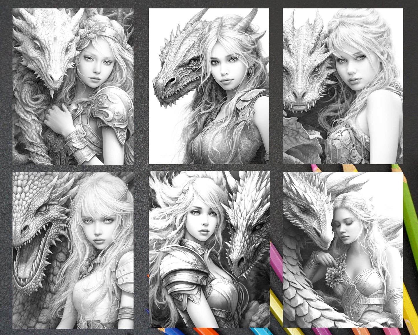 Enchanted Dragon Queens Grayscale Coloring Pages Printable for Adults, PDF File Instant Download