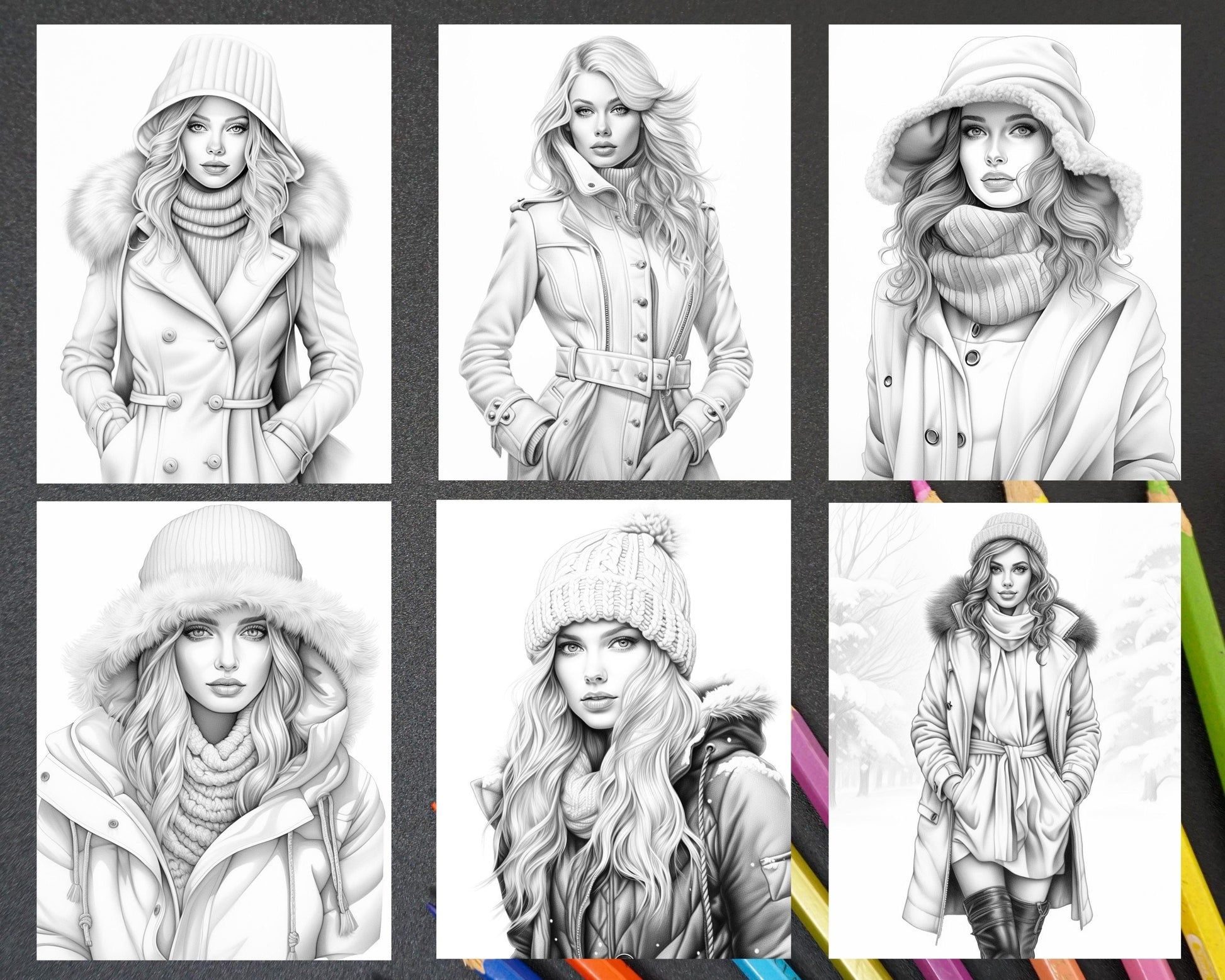 40 Winter Fashion Grayscale Coloring Pages Printable for Adults, PDF File Instant Download