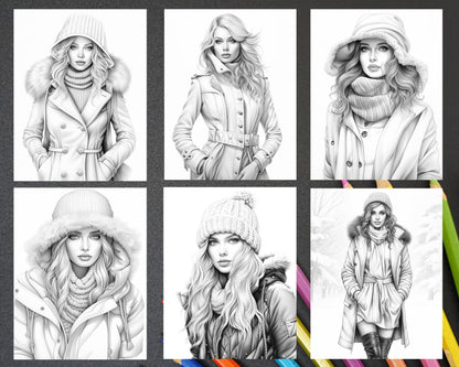 40 Winter Fashion Grayscale Coloring Pages Printable for Adults, PDF File Instant Download