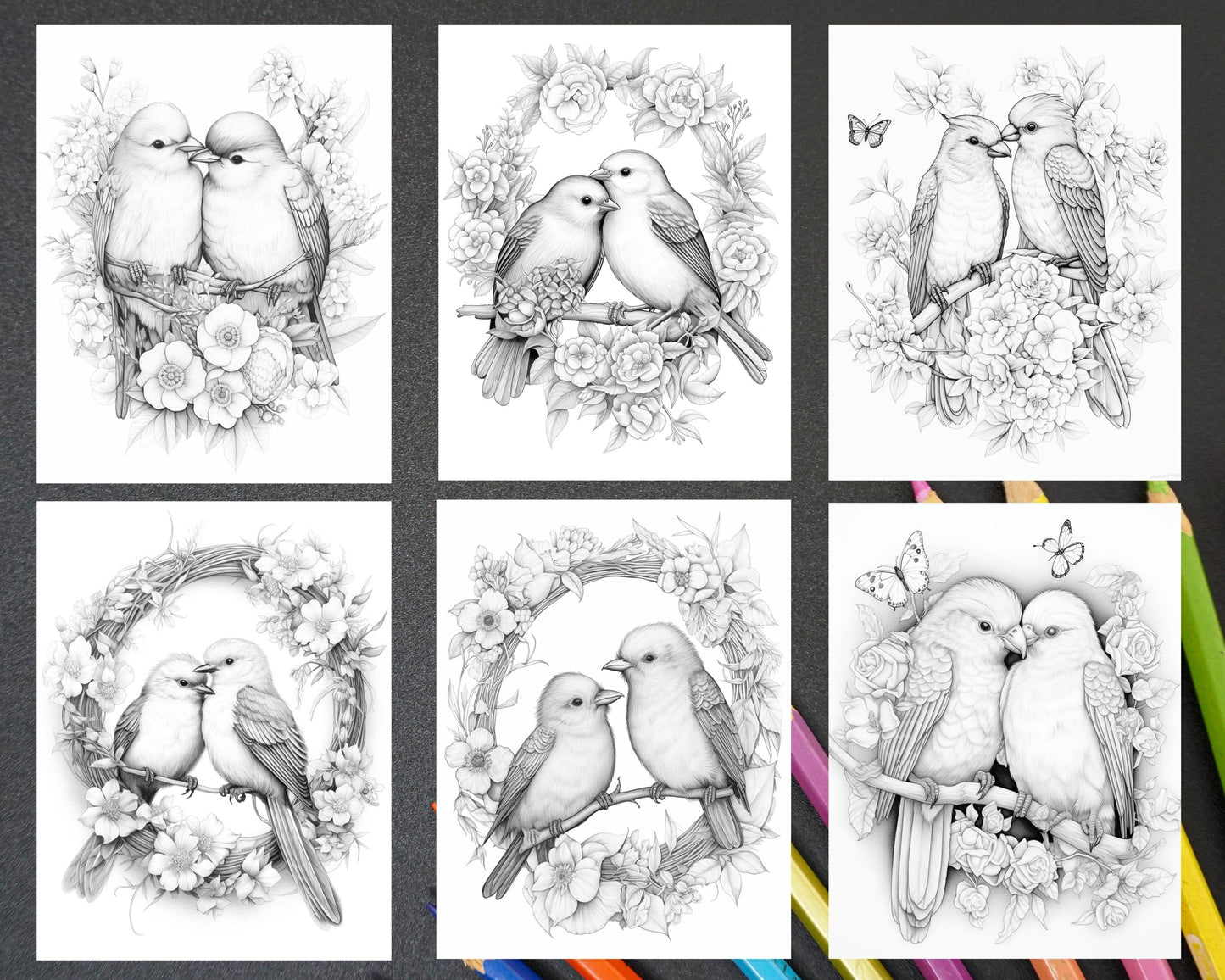 50 Lovebird Couple with Flowers Grayscale Coloring Pages for Adults, Printable PDF Instant Download