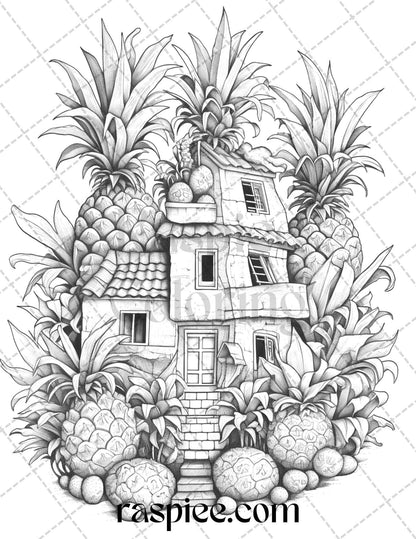 50 Pineapple Houses Grayscale Coloring Pages Printable for Adults, PDF File Instant Download