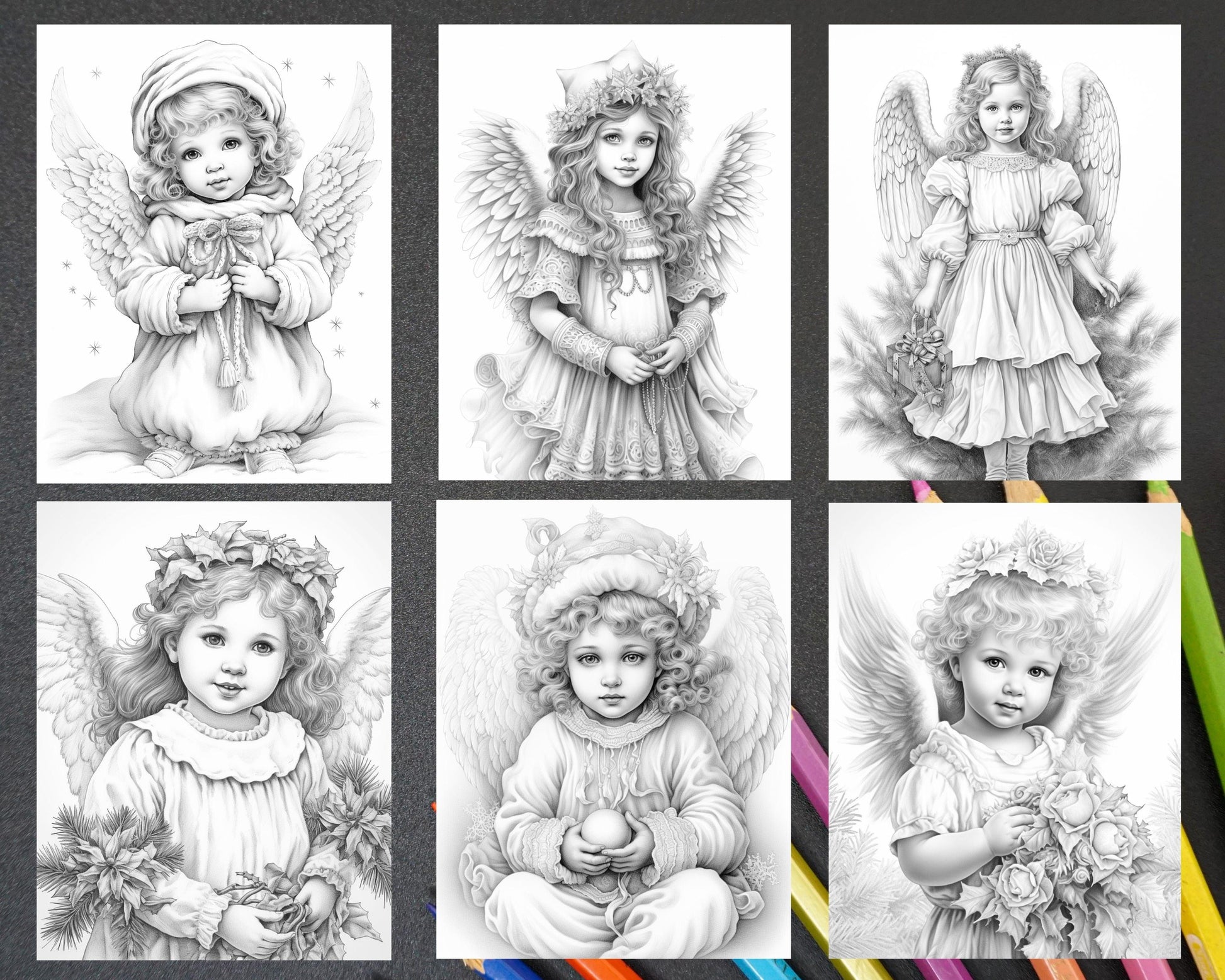 55 Christmas Angel Grayscale Coloring Pages for Adults, Printable PDF Instant Download