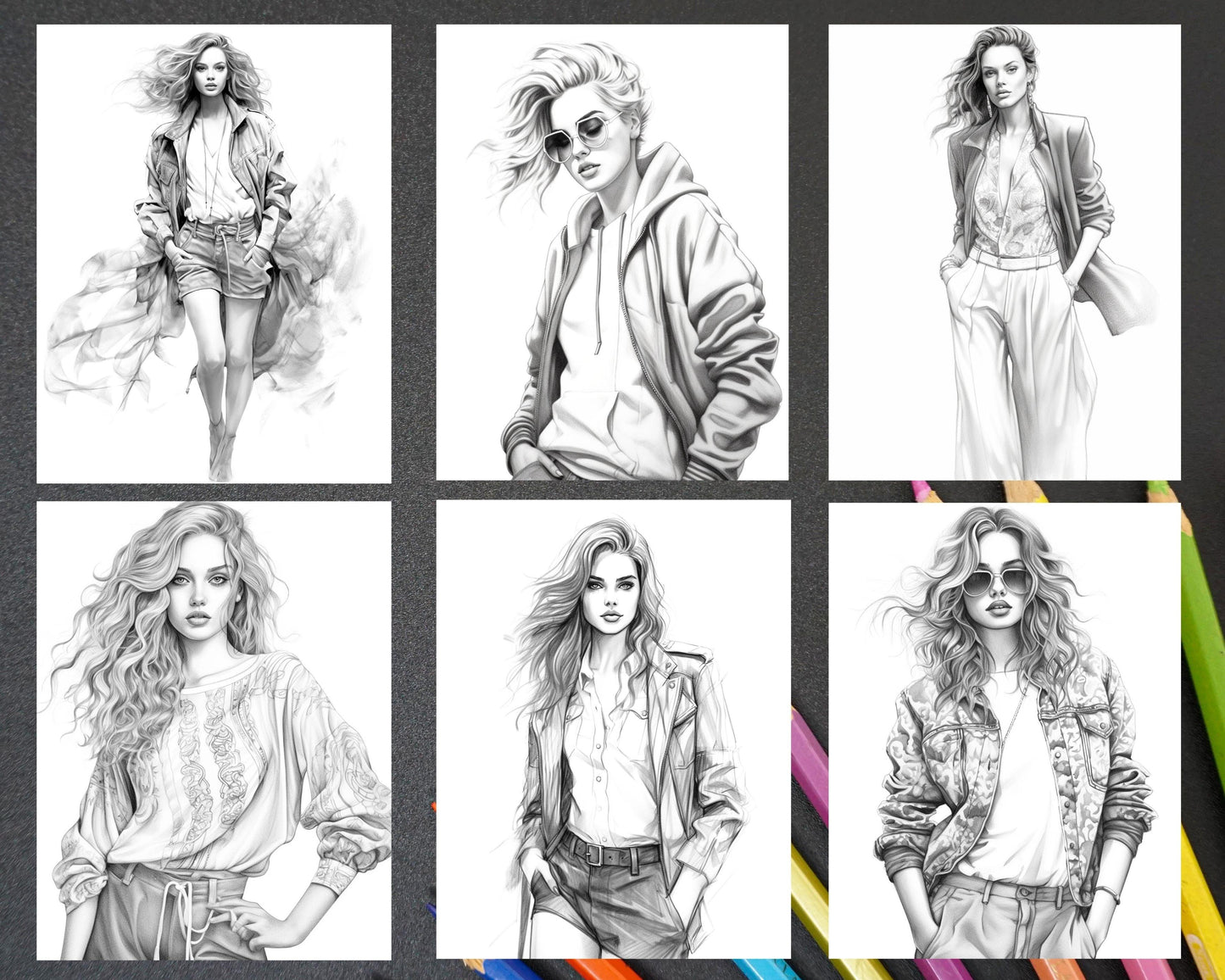 50 Streetwear Fashion Grayscale Coloring Pages Printable for Adults, PDF File Instant Download