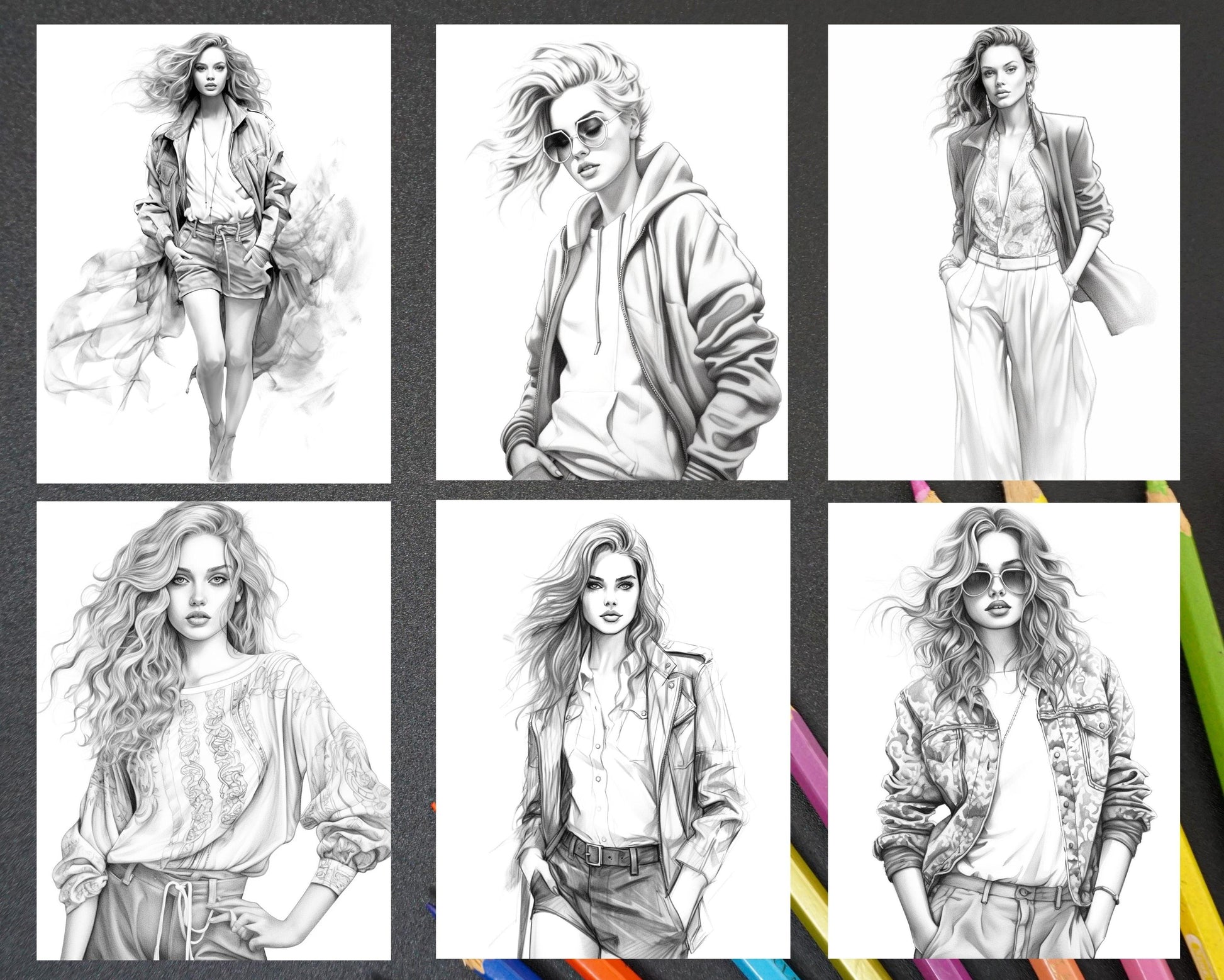 50 Streetwear Fashion Grayscale Coloring Pages Printable for Adults, PDF File Instant Download