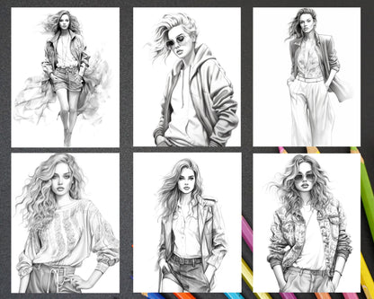 50 Streetwear Fashion Grayscale Coloring Pages Printable for Adults, PDF File Instant Download