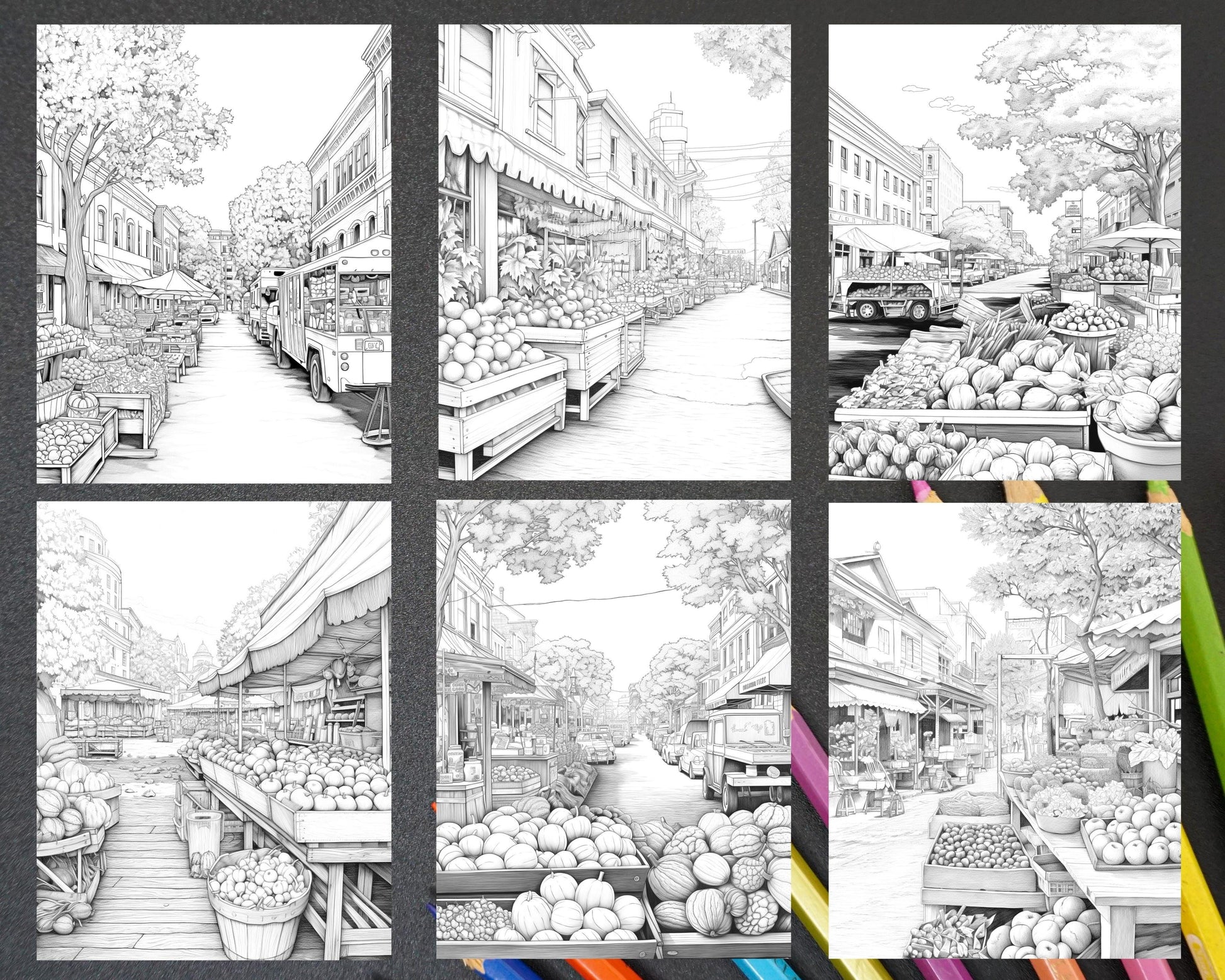 Autumn Street Markets Grayscale Coloring Pages for Adults, Printable PDF File Instant Download