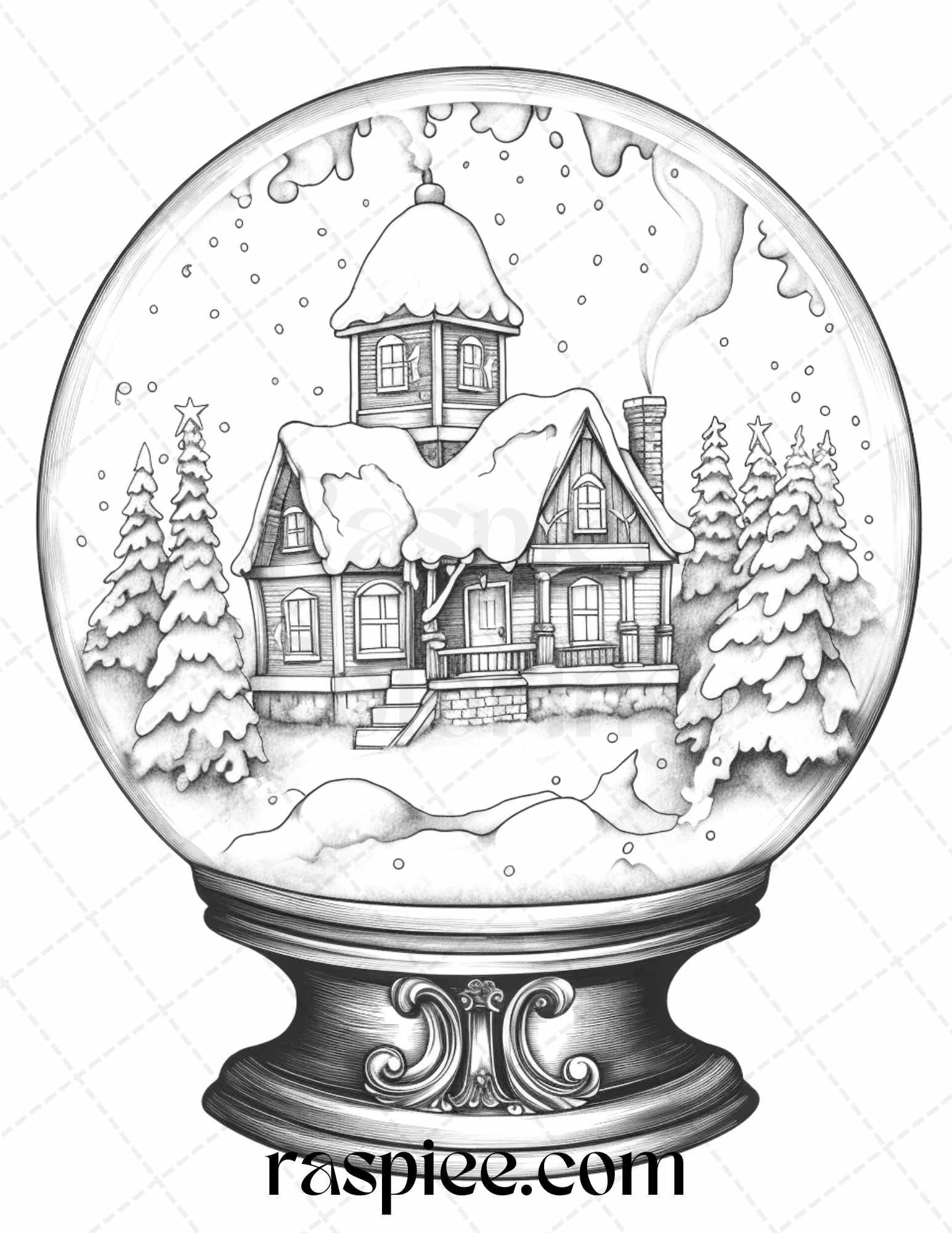 Cozy Cabin in Snow Globe Grayscale Coloring Pages Printable for Adults, PDF File Instant Download