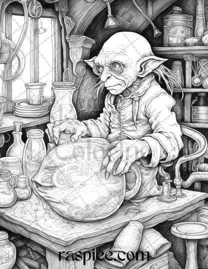Fantasy Goblins Grayscale Coloring Pages Printable for Adults, PDF File Instant Download