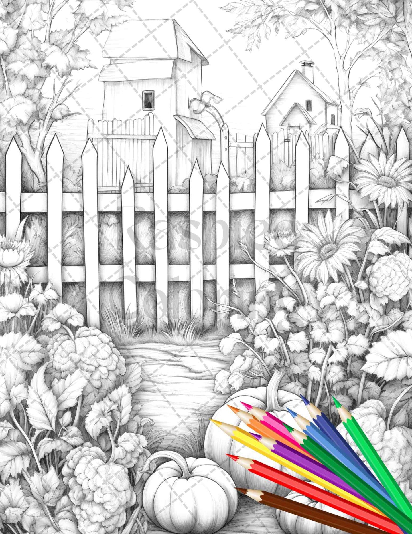 Pumpkin Garden Scenery Grayscale Coloring Pages Printable for Adults, PDF File Instant Download
