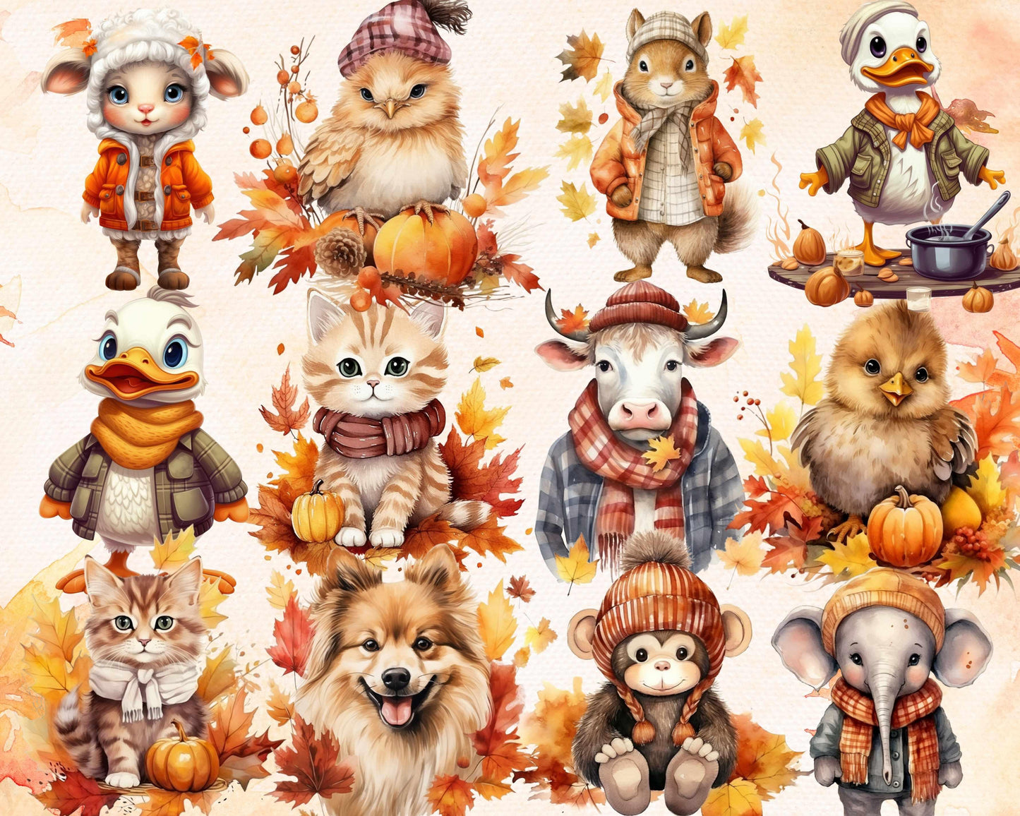 100+ PNG Watercolor Autumn Animal Clipart Bundle, Fall Season Iluustrations