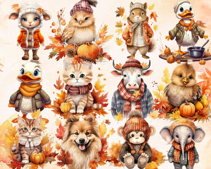 100+ PNG Watercolor Autumn Animal Clipart Bundle, Fall Season Iluustrations