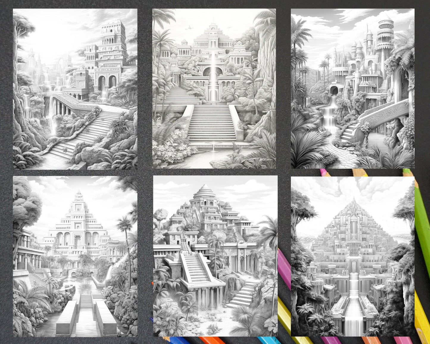 Hanging Gardens of Babylon Grayscale Coloring Pages Printable, PDF File Instant Download