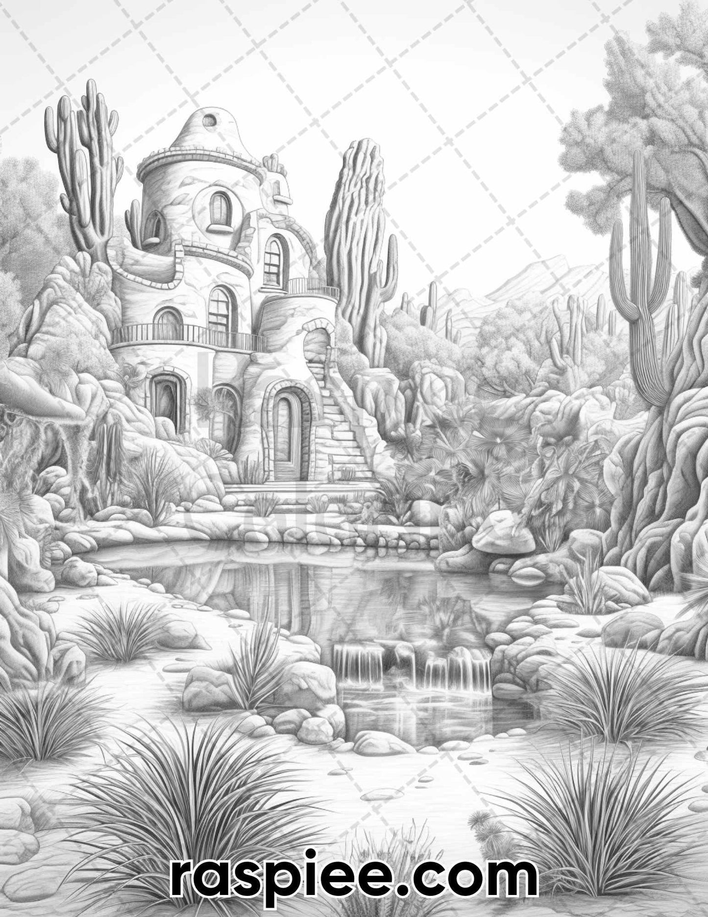 55 Desert Oasis Fairy Homes Grayscale Coloring Pages for Adults, Printable PDF Instant Download