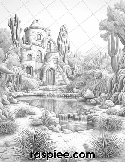 55 Desert Oasis Fairy Homes Grayscale Coloring Pages for Adults, Printable PDF Instant Download