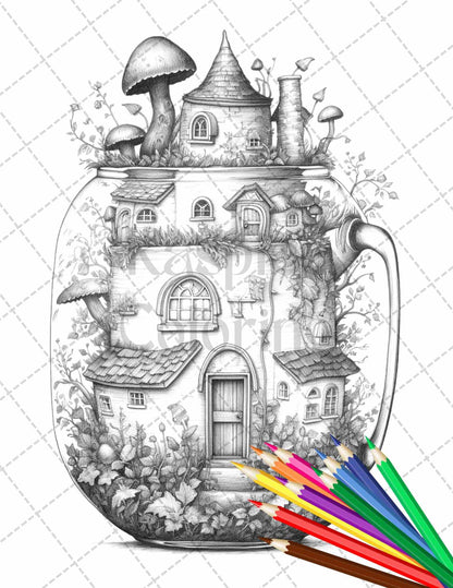 Fairy House in Jar Grayscale Coloring Pages Printable for Adults, PDF File Instant Download