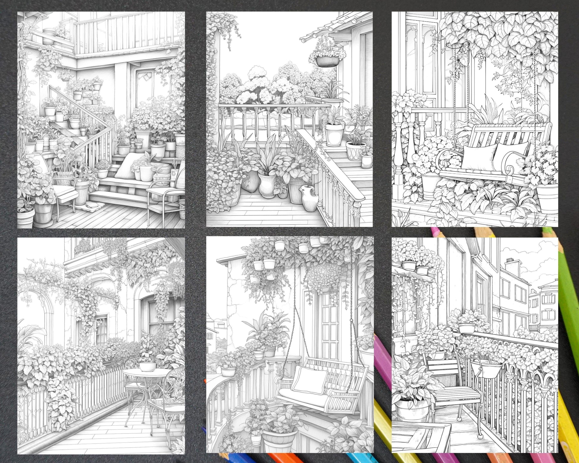 Charming Balcony Garden Grayscale Coloring Pages Printable for Adults, PDF File Instant Download