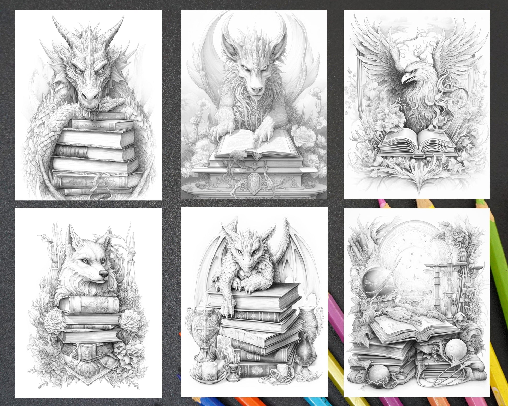 50 Magical Books Grayscale Coloring Pages Printable for Adults, PDF File Instant Download