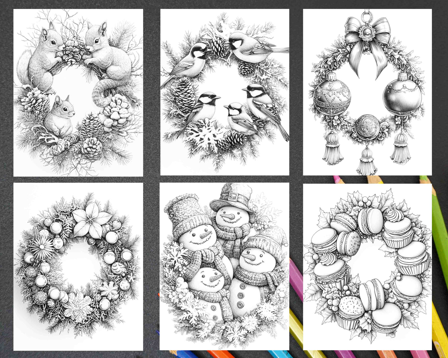 72 Christmas Wreaths Adult Coloring Pages