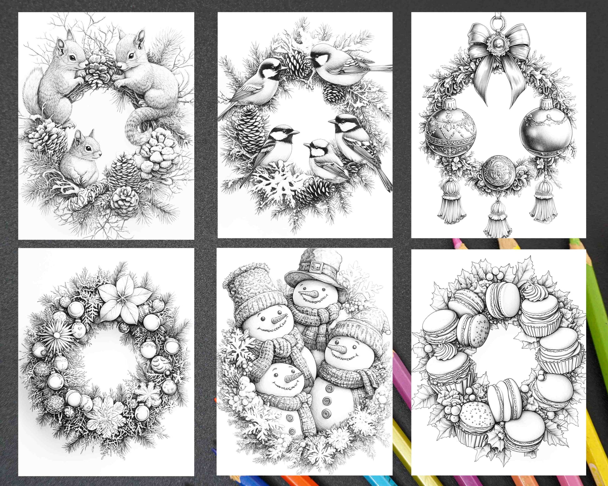 72 Christmas Wreaths Adult Coloring Pages