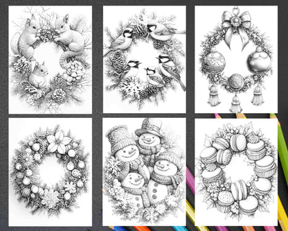 72 Christmas Wreaths Adult Coloring Pages